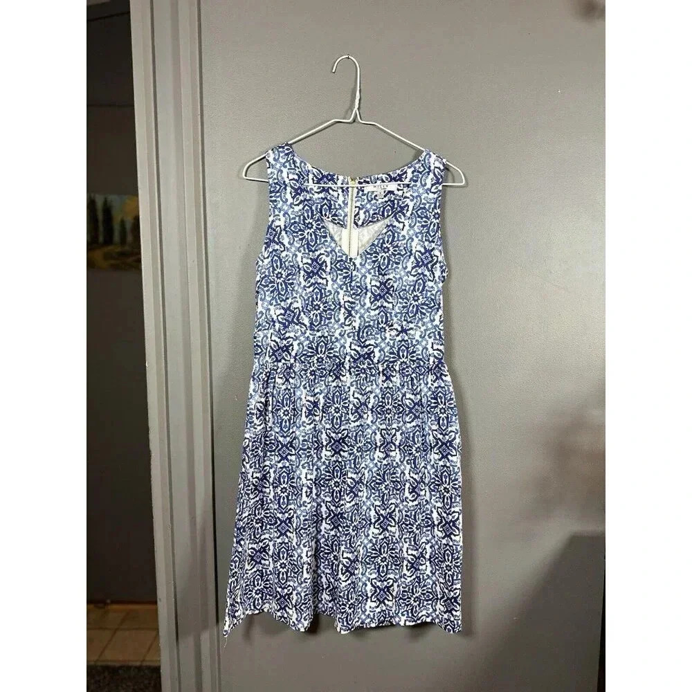 Milly For Design Nation‎ Italia Dress A-Line V-neck Blue Combo 8 Pleated Banvin